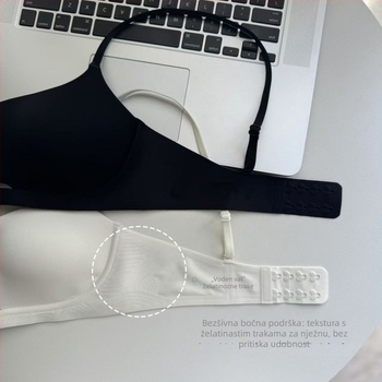 Besprijekorna grudnjak, prozračan, od najlona; tanke oblikovane šalice; fiksne dvostruke naramenice; stražnje dvostruko kopčanje; podstava od poliestera.