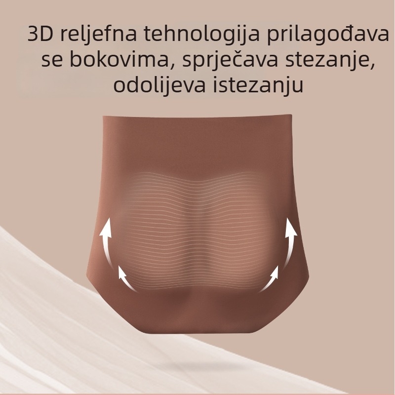 Ženske boxerice shapewear s visokim struka, bezšivne, antibakterijske, prozračne; podizanje stražnjice i kontrola trbuha; glavna tkanina Nylon/Ice Silk; podstava u području prepona: viscose.