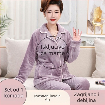 Ženski zimski pidžama set od coral fleecea, debeo, četvrtasti ovratnik, dugi rukavi, poliester