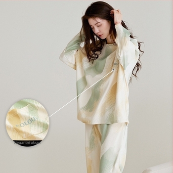 Ženski set pidžama od 100% pamuka, s dugim rukavima i hlačama, okrugli izrez, lagana i prozračna tkanina, pogodna za proljeće i jesen (težina tkanine 161-180 g/m2).