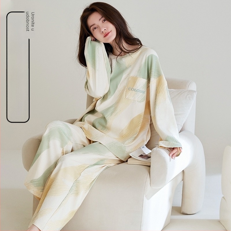 Ženski set pidžama od 100% pamuka, s dugim rukavima i hlačama, okrugli izrez, lagana i prozračna tkanina, pogodna za proljeće i jesen (težina tkanine 161-180 g/m2).