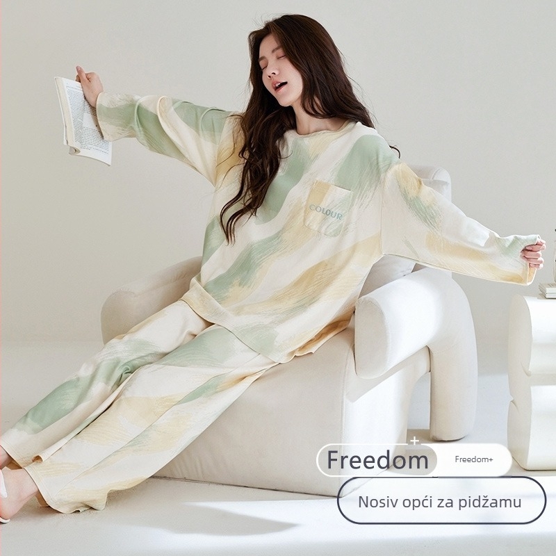 Ženski set pidžama od 100% pamuka, s dugim rukavima i hlačama, okrugli izrez, lagana i prozračna tkanina, pogodna za proljeće i jesen (težina tkanine 161-180 g/m2).