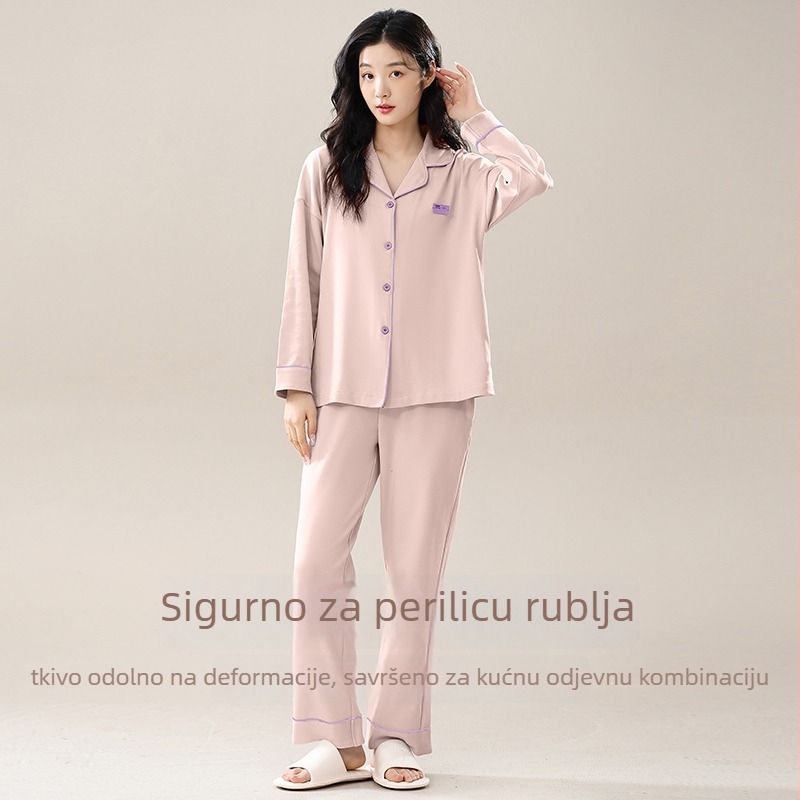 Damske pamučne pidžame set s kardigan stilom, dugi rukav, ovratnik u stilu lapela, 100% pamuk, srednja debljina 201–250 g/m²