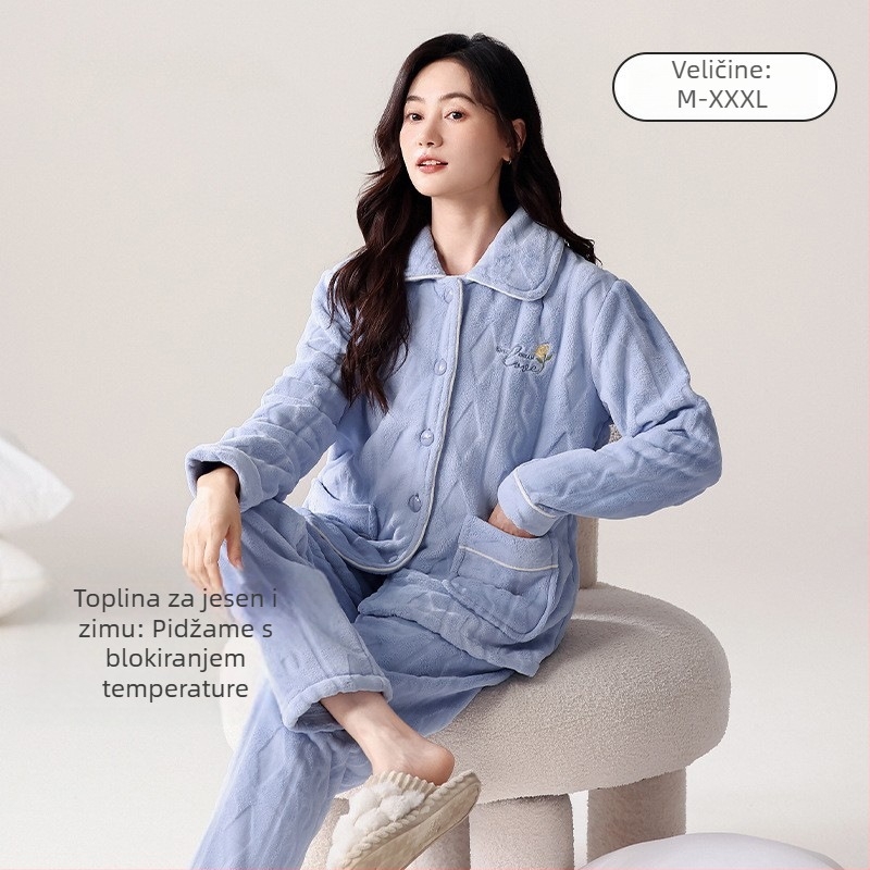 Ženski set pidžama od koralnog flisa, debeli toplinski poliester 95–100%, 251–300 g/m², rever s reverom, dugi rukavi i hlače (jesen/zima)
