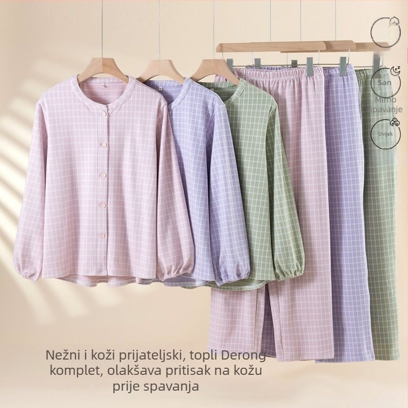 Ženski pidžama set s flis podstavom, poliester 90–95%, srednja gustoća tkanine 181–200 g/m², okrugli izrez, dugi rukavi, hlače, japanski stil, Cottononi