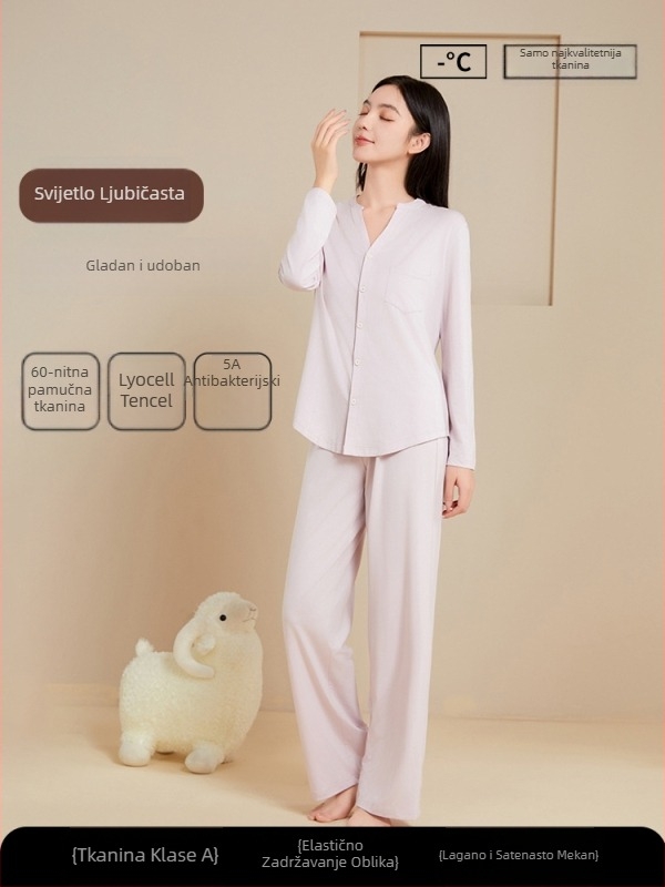 Pajamas iz Lyocella, pulover s ovratnikom tipa lapel, dugi rukavi, antibakterijski, prozračni, udobni za kućnu upotrebu, srednja težina 181–200 g/m2