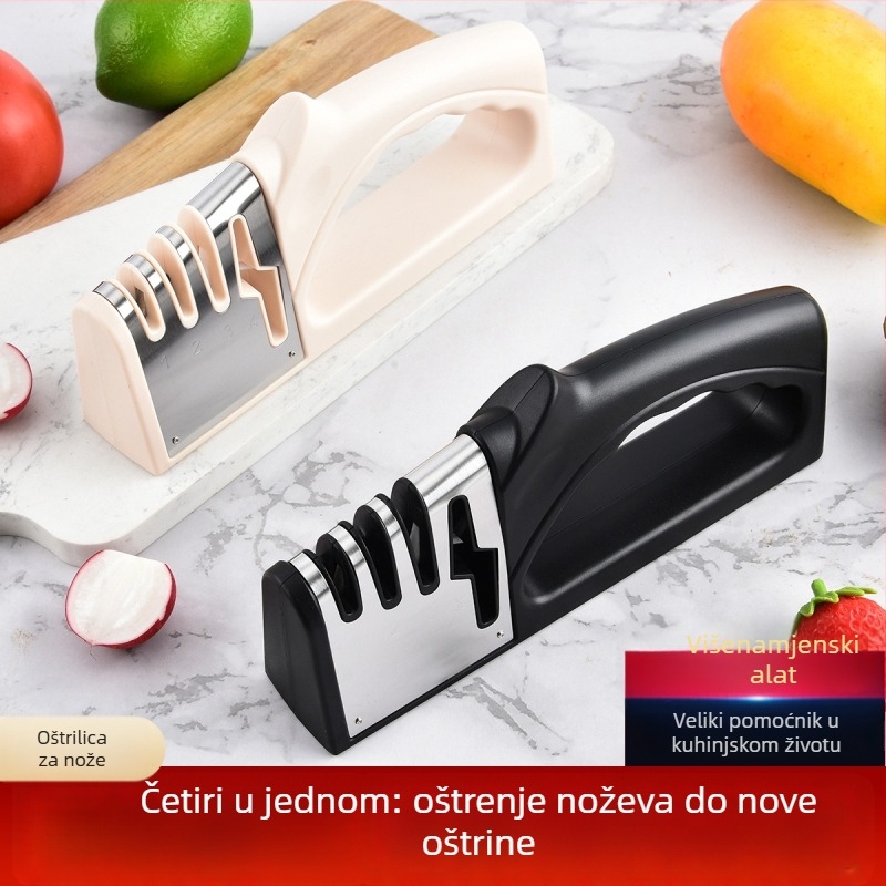 Četiri u jednome ručni oštrač noževa za kuhinju s volframskim čelom i keramickim dijelovima, ABS plast i TPR držač