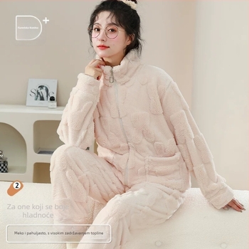 Kućni set od koralnog baršuna s kapuljom i zatvaračem, minimalistički kardigan stil, 80-90% pamuk, ekstra debela tkanina.