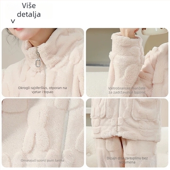 Kućni set od koralnog baršuna s kapuljom i zatvaračem, minimalistički kardigan stil, 80-90% pamuk, ekstra debela tkanina.