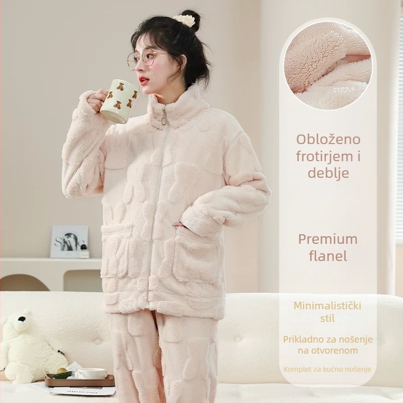 Kućni set od koralnog baršuna s kapuljom i zatvaračem, minimalistički kardigan stil, 80-90% pamuk, ekstra debela tkanina.