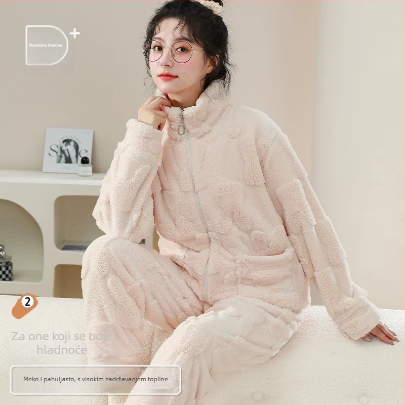Kućni set od koralnog baršuna s kapuljom i zatvaračem, minimalistički kardigan stil, 80-90% pamuk, ekstra debela tkanina.