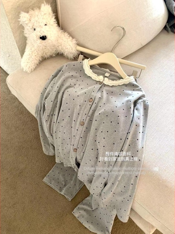 Pijamski set s jastučićima za grudi, Derong baršun, kardigan stil, dugi rukavi, debeli 201–250 g/m², 80–90% poliester