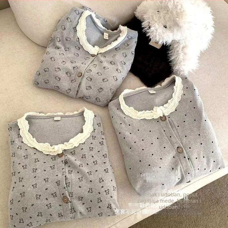 Pijamski set s jastučićima za grudi, Derong baršun, kardigan stil, dugi rukavi, debeli 201–250 g/m², 80–90% poliester