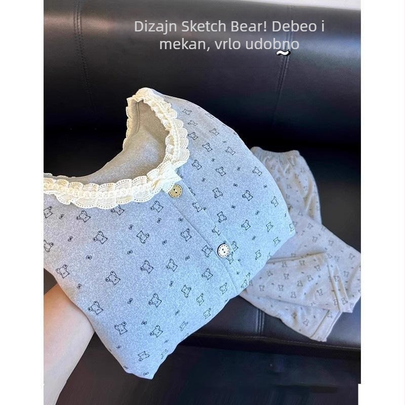 Pijamski set s jastučićima za grudi, Derong baršun, kardigan stil, dugi rukavi, debeli 201–250 g/m², 80–90% poliester