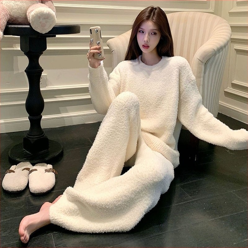 Ženski zimski set pidžama od poluvlura — okrugli ovratnik, dugi rukavi, ekstra debela tkanina (351–400 g/m²), elastan