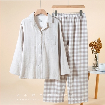 Ženski set pidžama od 100% pamuka, dvostruki sloj gaze, dugi rukav, ovratnik tipa Lapel, dugački hlače, bez uzoraka, pogodan za proljeće i jesen.