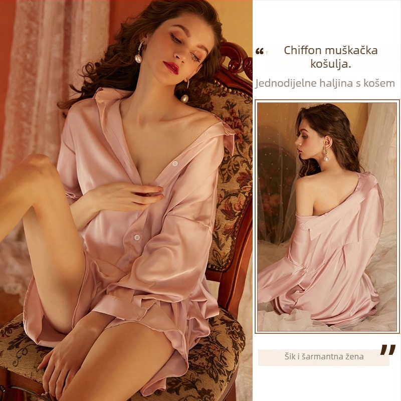 Xian Yi Cardigan-stilu pijama top — poliester sličan svili, V-izrez, dugi rukav, tanak materijal 101–120 g/m², 95–100% poliester