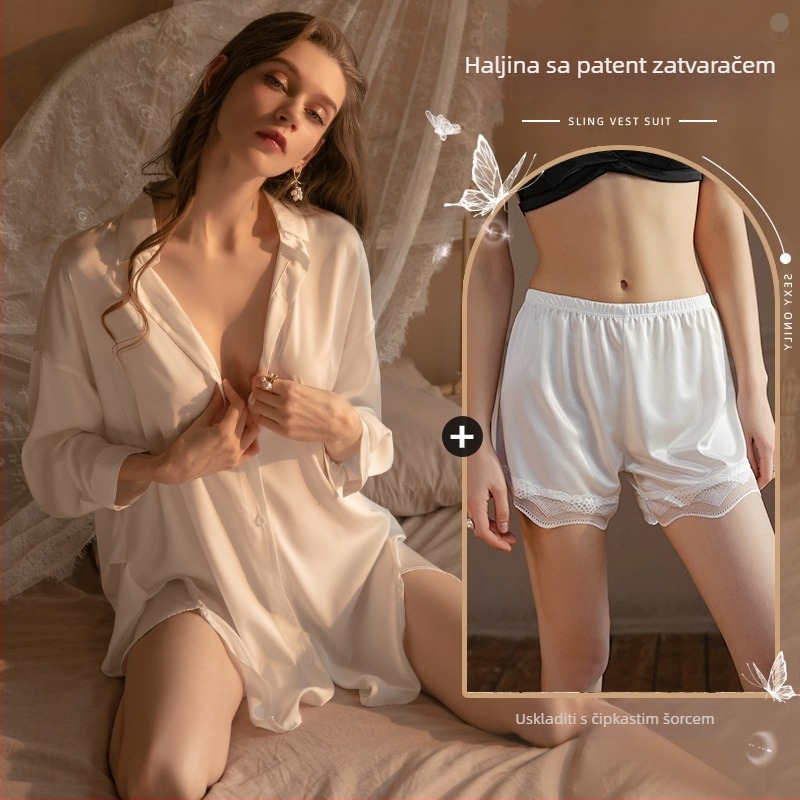 Xian Yi Cardigan-stilu pijama top — poliester sličan svili, V-izrez, dugi rukav, tanak materijal 101–120 g/m², 95–100% poliester