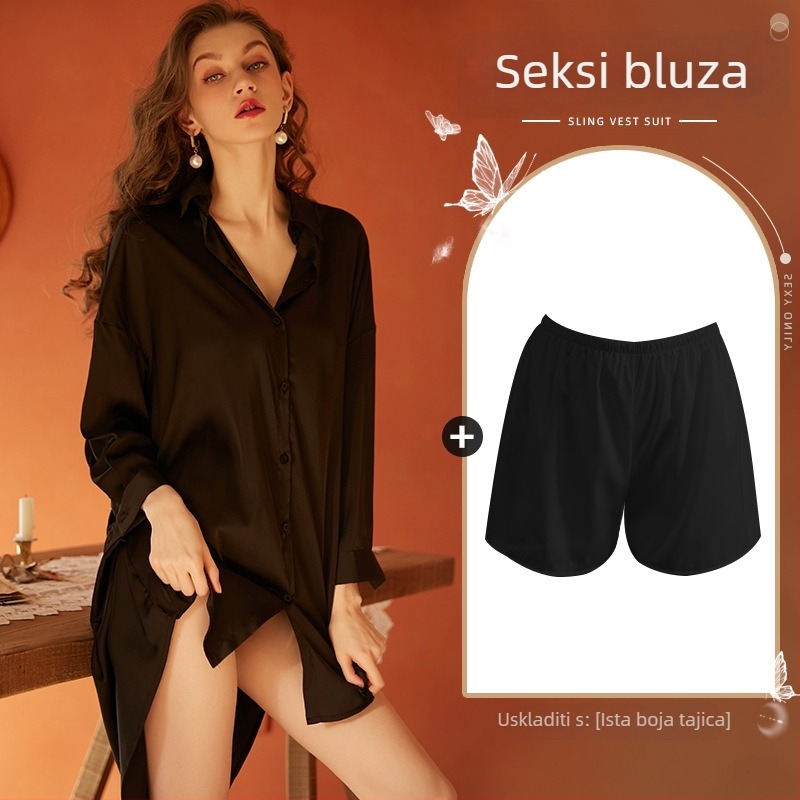 Xian Yi Cardigan-stilu pijama top — poliester sličan svili, V-izrez, dugi rukav, tanak materijal 101–120 g/m², 95–100% poliester
