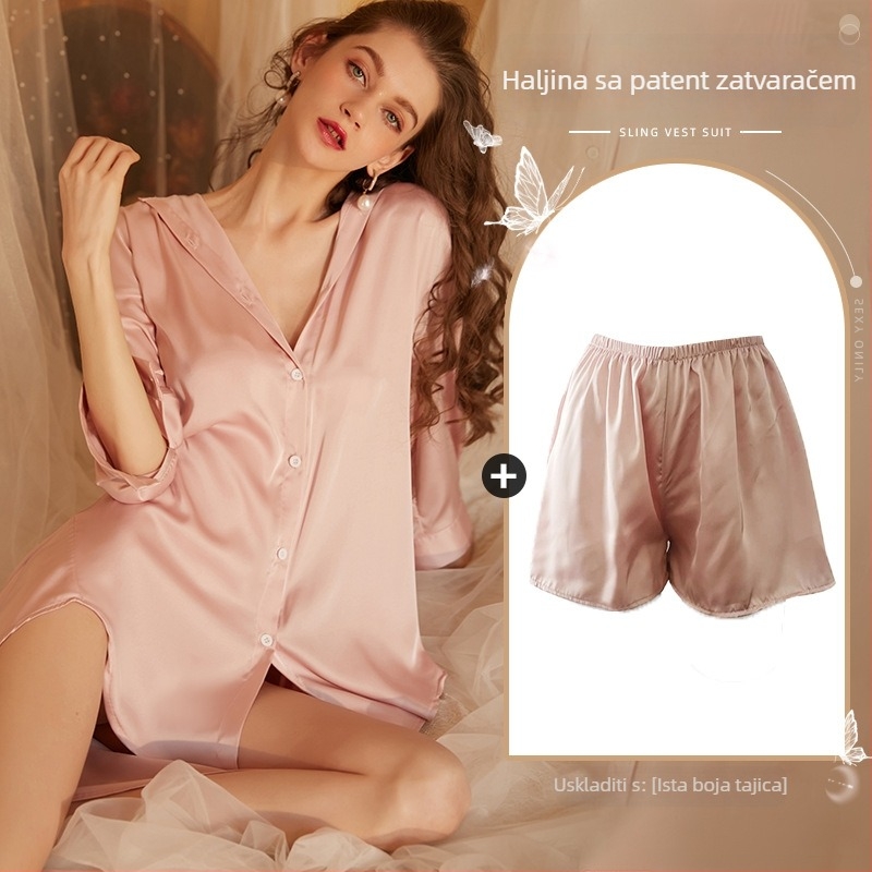 Xian Yi Cardigan-stilu pijama top — poliester sličan svili, V-izrez, dugi rukav, tanak materijal 101–120 g/m², 95–100% poliester