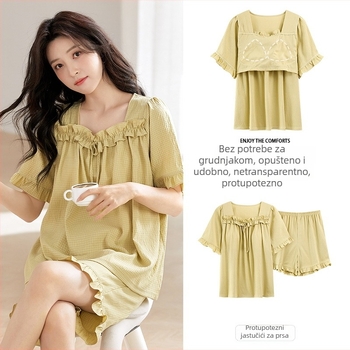 Ženski pižama set – mekana cloud cotton tkanina, okrugli vrat, 3/4 rukavi, kratke hlače, princeza stil s cvjetnim ovratnikom, integrirani jastučić za prsa