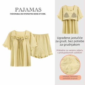 Ženski pižama set – mekana cloud cotton tkanina, okrugli vrat, 3/4 rukavi, kratke hlače, princeza stil s cvjetnim ovratnikom, integrirani jastučić za prsa