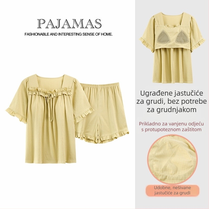 Ženski pižama set – mekana cloud cotton tkanina, okrugli vrat, 3/4 rukavi, kratke hlače, princeza stil s cvjetnim ovratnikom, integrirani jastučić za prsa