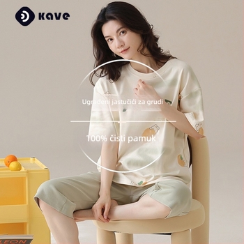 Ženski pamučni set pidžama s okruglim izrezom, 3/4 rukavi, kratke hlače, 100% pamuk