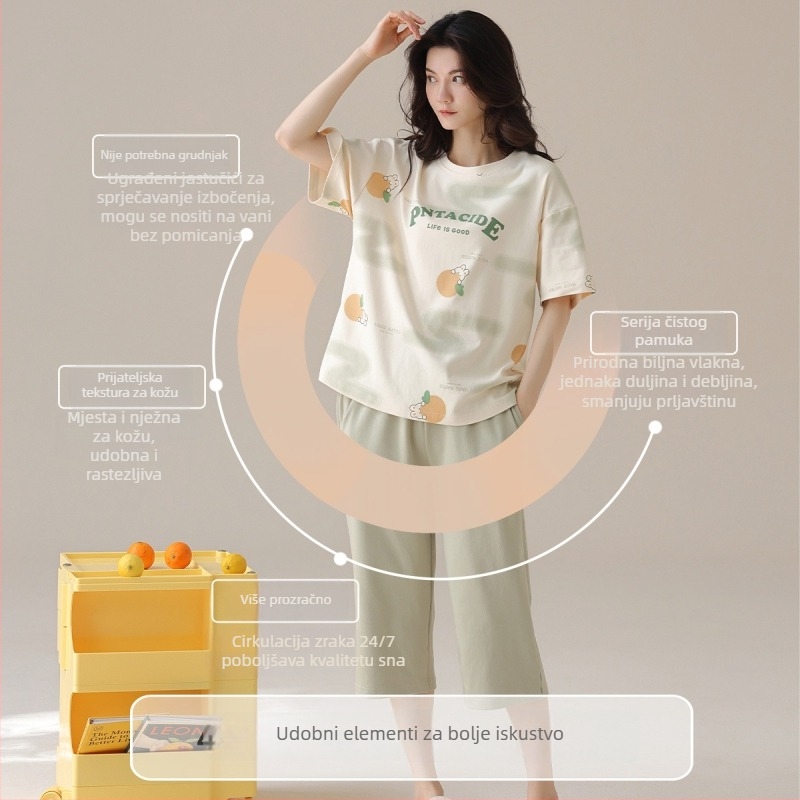 Ženski pamučni set pidžama s okruglim izrezom, 3/4 rukavi, kratke hlače, 100% pamuk