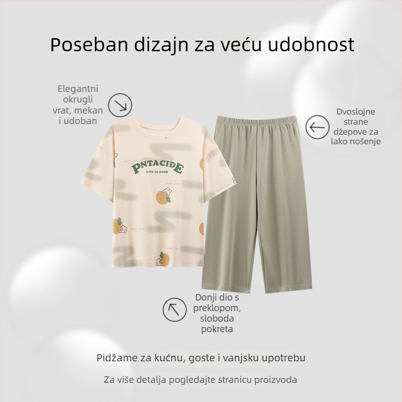 Ženski pamučni set pidžama s okruglim izrezom, 3/4 rukavi, kratke hlače, 100% pamuk