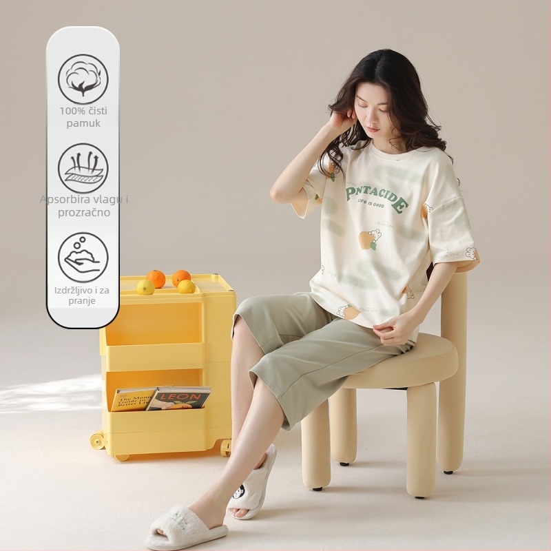Ženski pamučni set pidžama s okruglim izrezom, 3/4 rukavi, kratke hlače, 100% pamuk