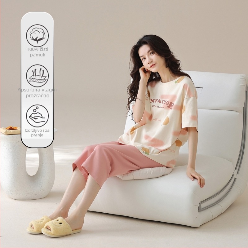Ženski pamučni set pidžama s okruglim izrezom, 3/4 rukavi, kratke hlače, 100% pamuk
