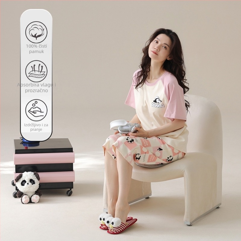 Ženski pamučni set pidžama s okruglim izrezom, 3/4 rukavi, kratke hlače, 100% pamuk
