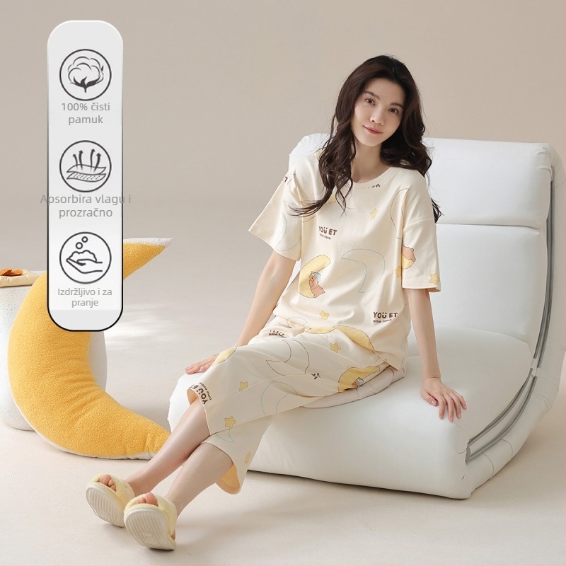 Ženski pamučni set pidžama s okruglim izrezom, 3/4 rukavi, kratke hlače, 100% pamuk