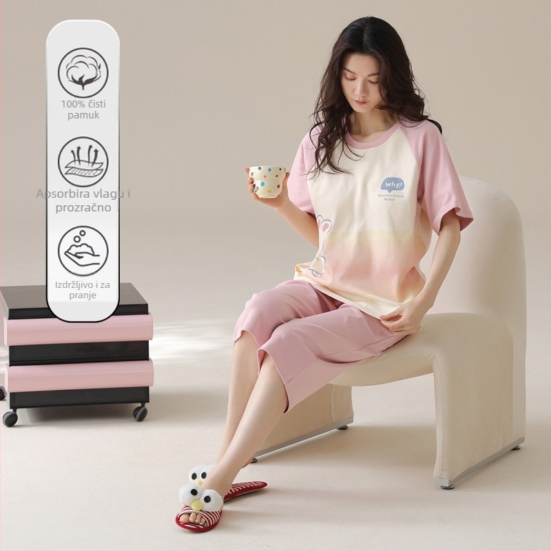 Ženski pamučni set pidžama s okruglim izrezom, 3/4 rukavi, kratke hlače, 100% pamuk