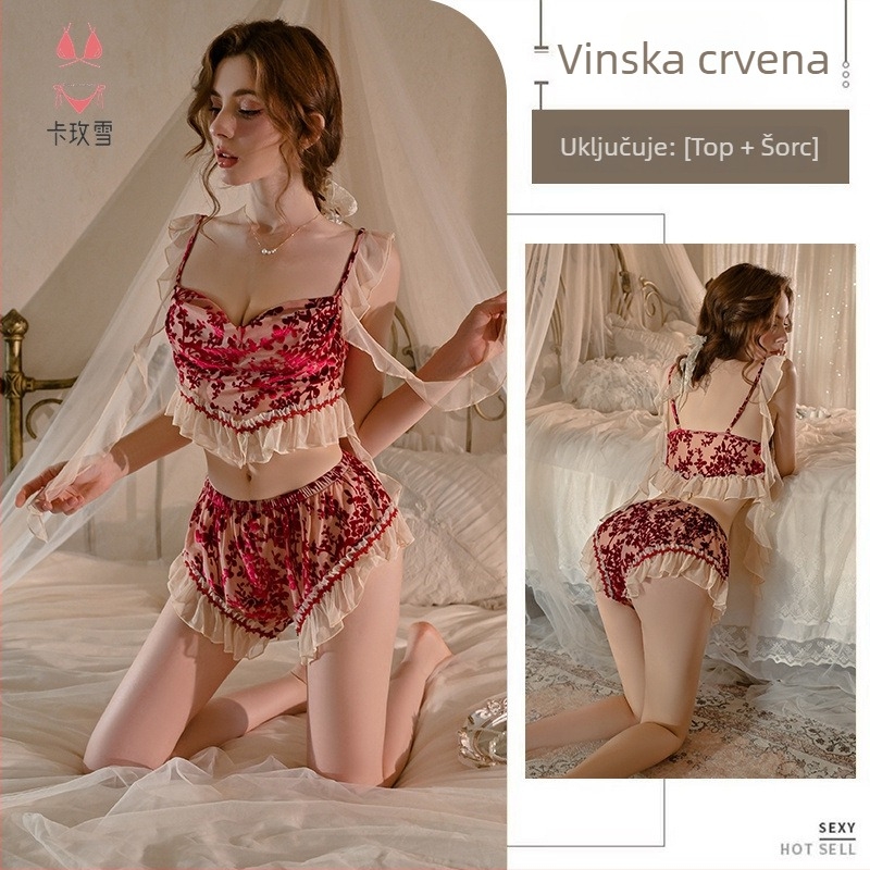 Set od dva dijela: Seksi cami za spavanje s V izrezom, bez rukava, kratke hlače, prozračni pleteni materijal