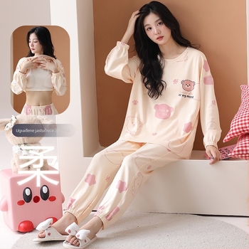 Ženske pidžame 100% pamuk, dvodijelni set, dugi rukavi, okrugli izrez, hlače, sladak i nježan stil