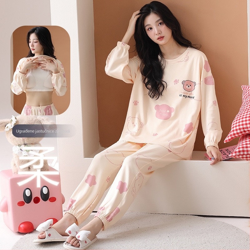Ženske pidžame 100% pamuk, dvodijelni set, dugi rukavi, okrugli izrez, hlače, sladak i nježan stil