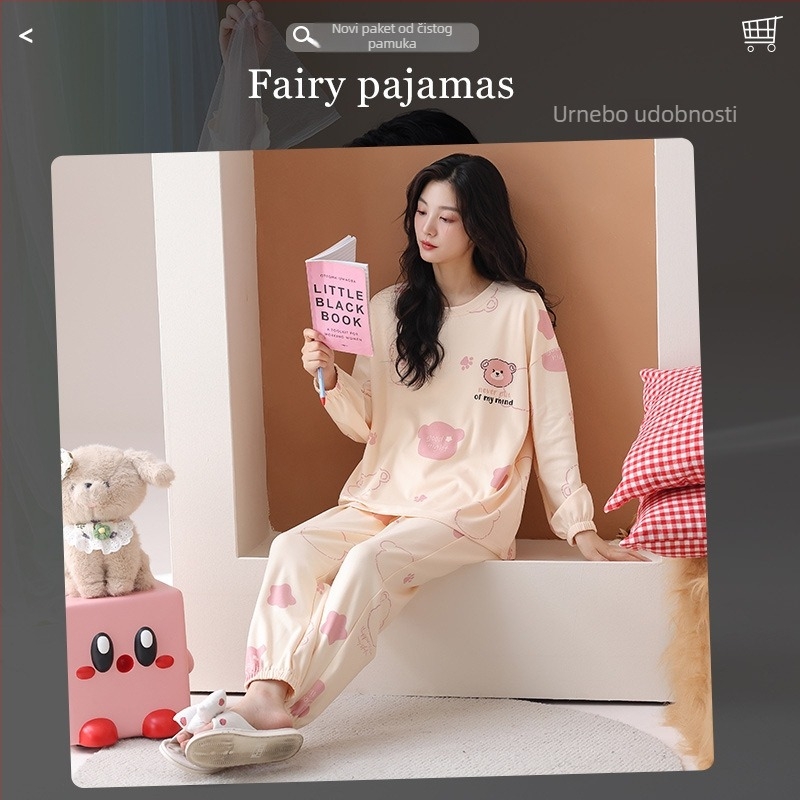 Ženske pidžame 100% pamuk, dvodijelni set, dugi rukavi, okrugli izrez, hlače, sladak i nježan stil