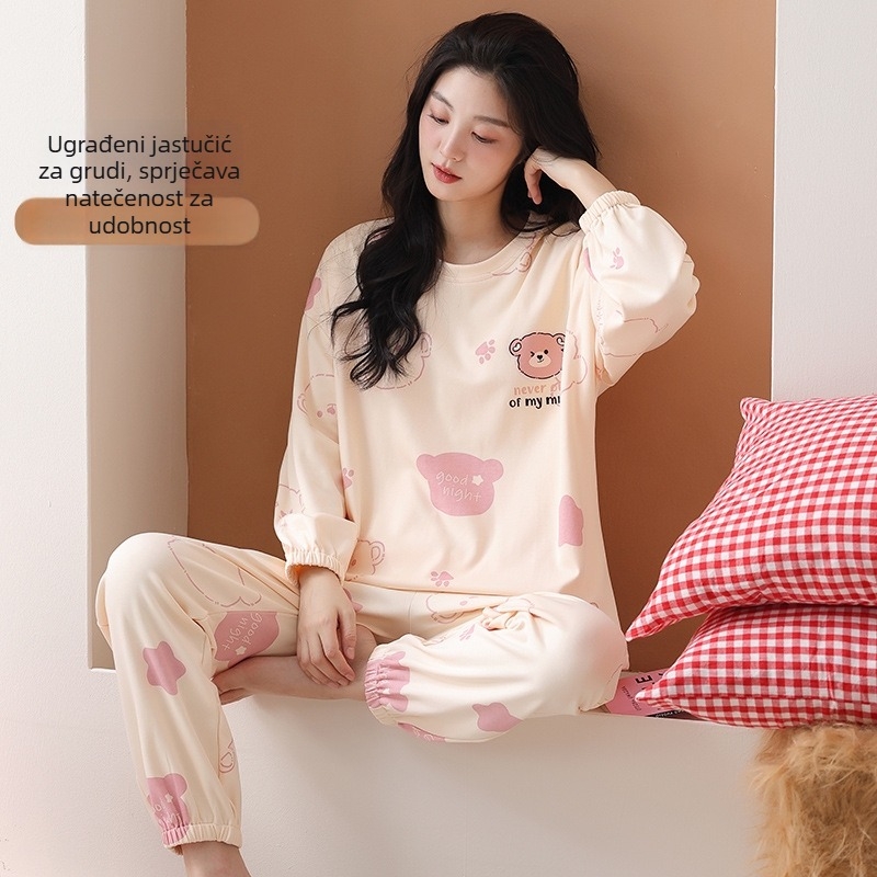 Ženske pidžame 100% pamuk, dvodijelni set, dugi rukavi, okrugli izrez, hlače, sladak i nježan stil