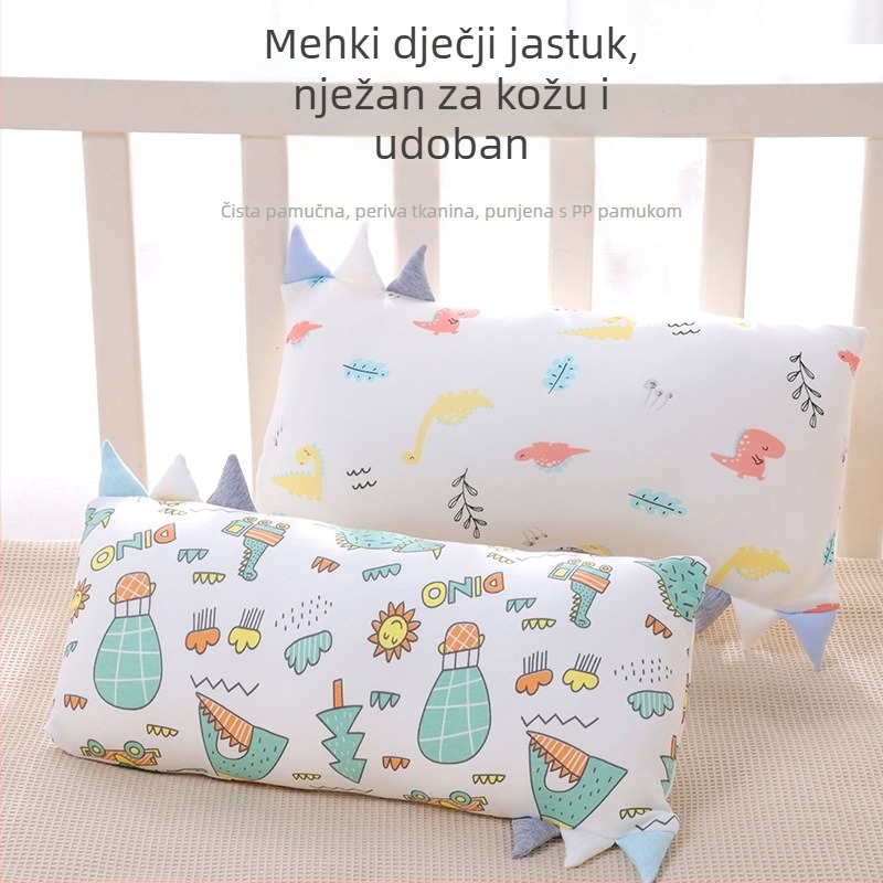 Dječji jastuk, pravokutnog oblika, s vlaknima bambusa i pamukim jezgrom, niski profil 1–5 cm, crtani stil