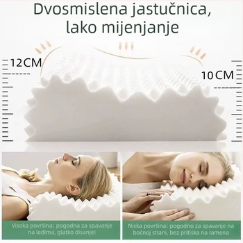 Jastuk od prirodnog lateksa, pravokutnog oblika, težine 1,0–1,5 kg, mogućnost prilagodbe, pogodna za djecu i odrasle