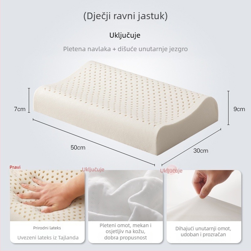 Jastuk od prirodnog lateksa, pravokutnog oblika, težine 1,0–1,5 kg, mogućnost prilagodbe, pogodna za djecu i odrasle