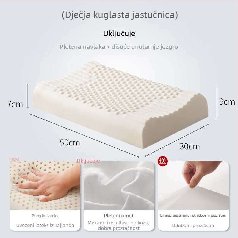 Jastuk od prirodnog lateksa, pravokutnog oblika, težine 1,0–1,5 kg, mogućnost prilagodbe, pogodna za djecu i odrasle
