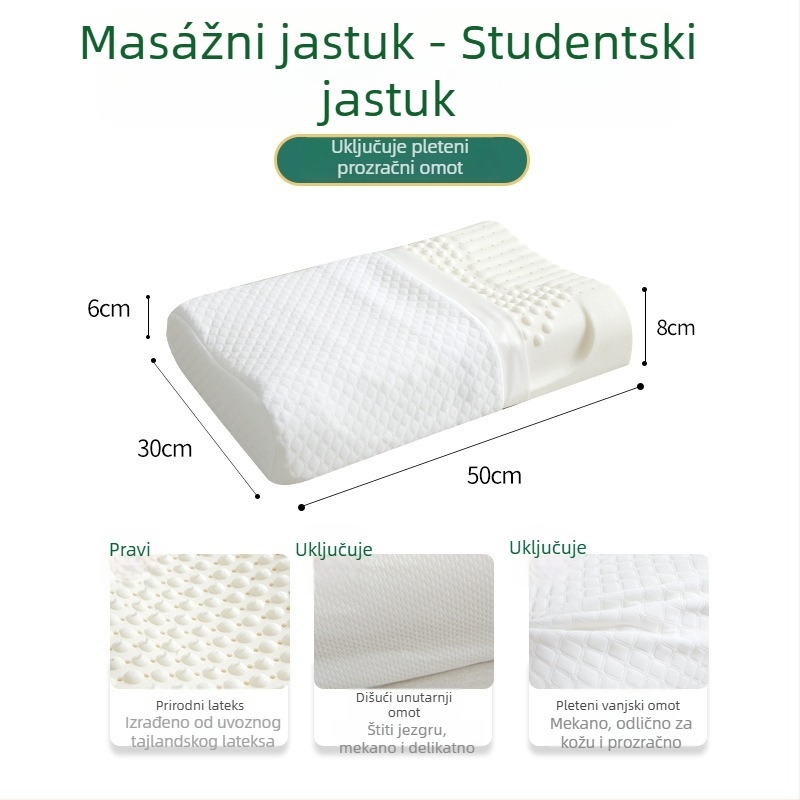 Lateks jastuk za vrat, pravokutnog oblika, pleteni jezgra, prirodni lateks >90%, prilagodba dostupna