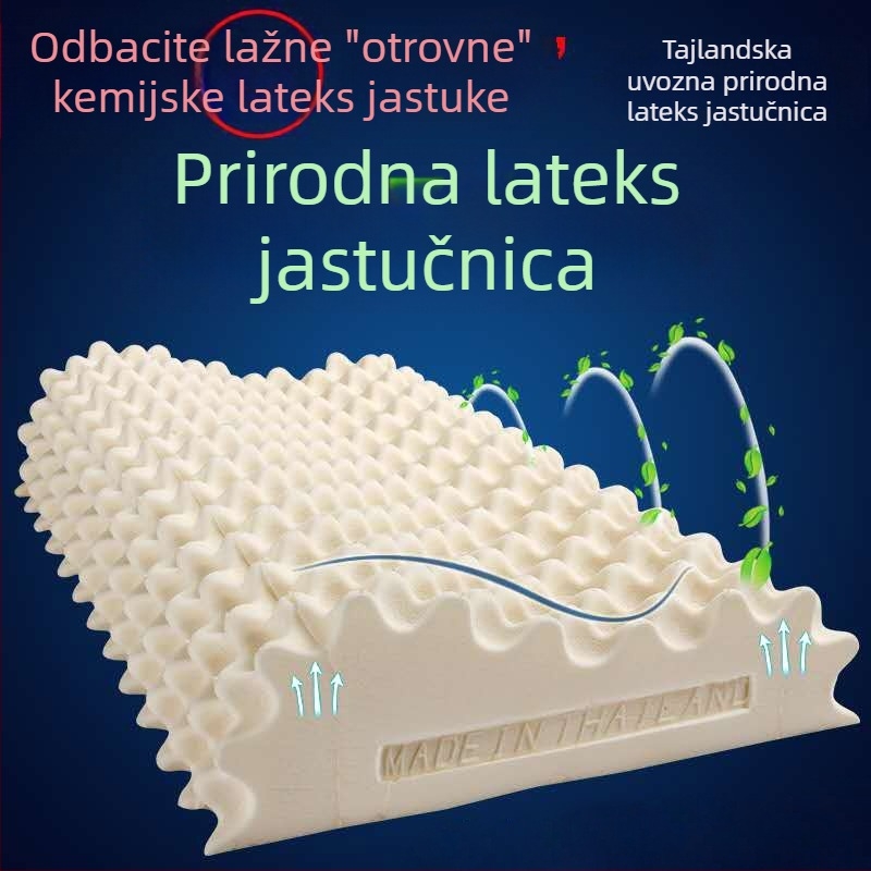 Jastuk od prirodnog lateksa s oblikom zuba vuka, težine 1,0–1,5 kg, pleteni navlaka, sadržaj lateksa 90%+, podrška vratnoj kralježnici, za sve sezone