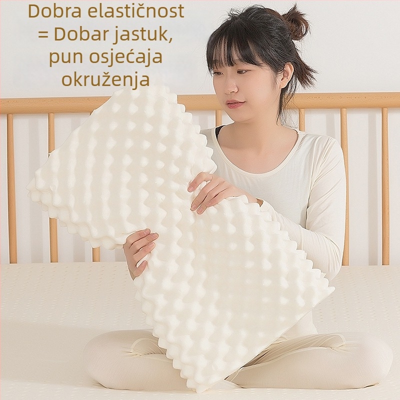 Jastuk od prirodnog lateksa s oblikom zuba vuka, težine 1,0–1,5 kg, pleteni navlaka, sadržaj lateksa 90%+, podrška vratnoj kralježnici, za sve sezone