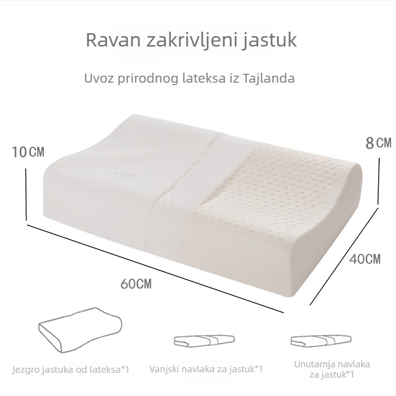 Jastuk od prirodnog lateksa s oblikom zuba vuka, težine 1,0–1,5 kg, pleteni navlaka, sadržaj lateksa 90%+, podrška vratnoj kralježnici, za sve sezone