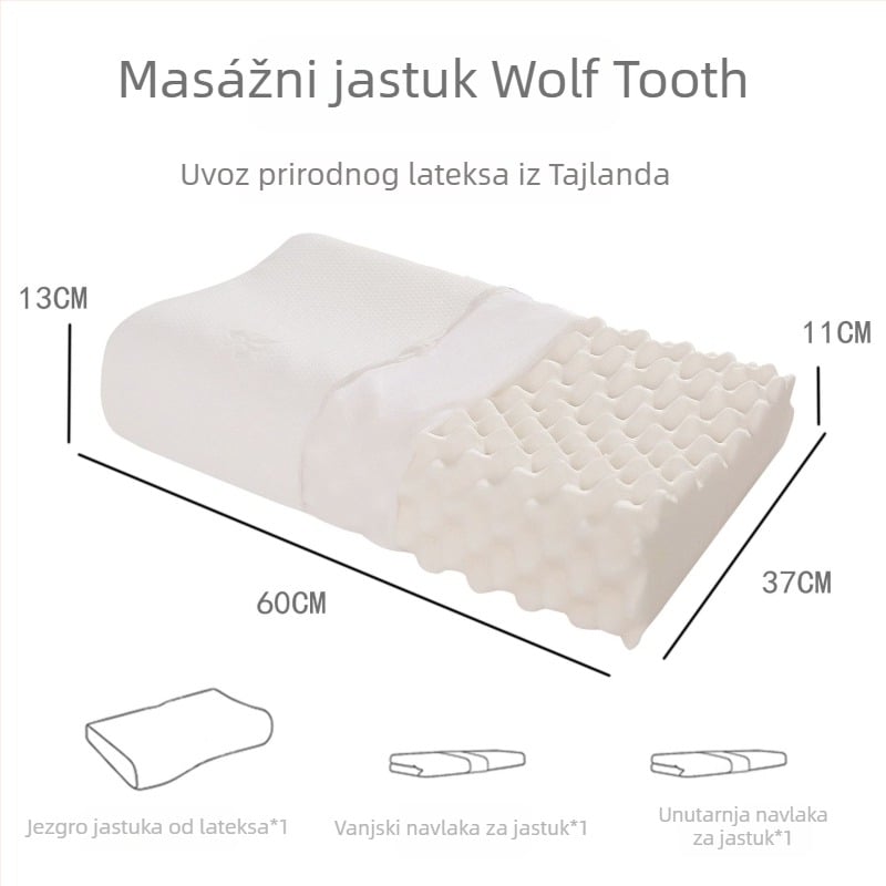 Jastuk od prirodnog lateksa s oblikom zuba vuka, težine 1,0–1,5 kg, pleteni navlaka, sadržaj lateksa 90%+, podrška vratnoj kralježnici, za sve sezone
