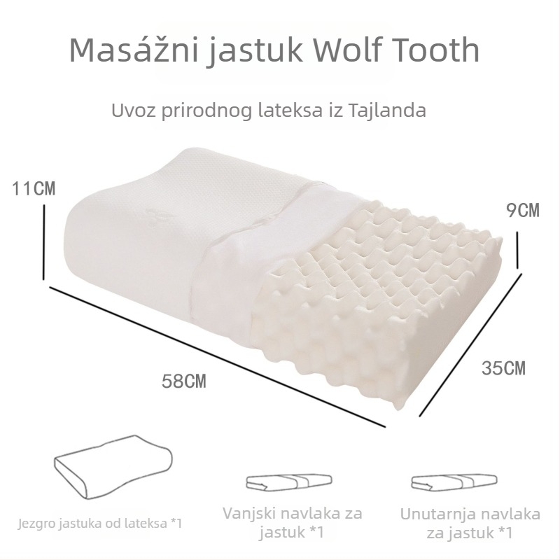 Jastuk od prirodnog lateksa s oblikom zuba vuka, težine 1,0–1,5 kg, pleteni navlaka, sadržaj lateksa 90%+, podrška vratnoj kralježnici, za sve sezone